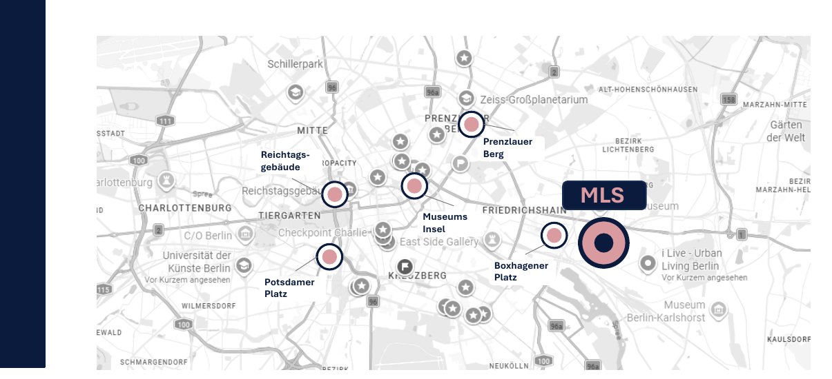 Macro location of MLS in Berlin — Lichtenberg pin shown relative to Reichstag, Potsdamer Platz, Museumsinsel, Boxhagener Platz and other key Berlin landmarks