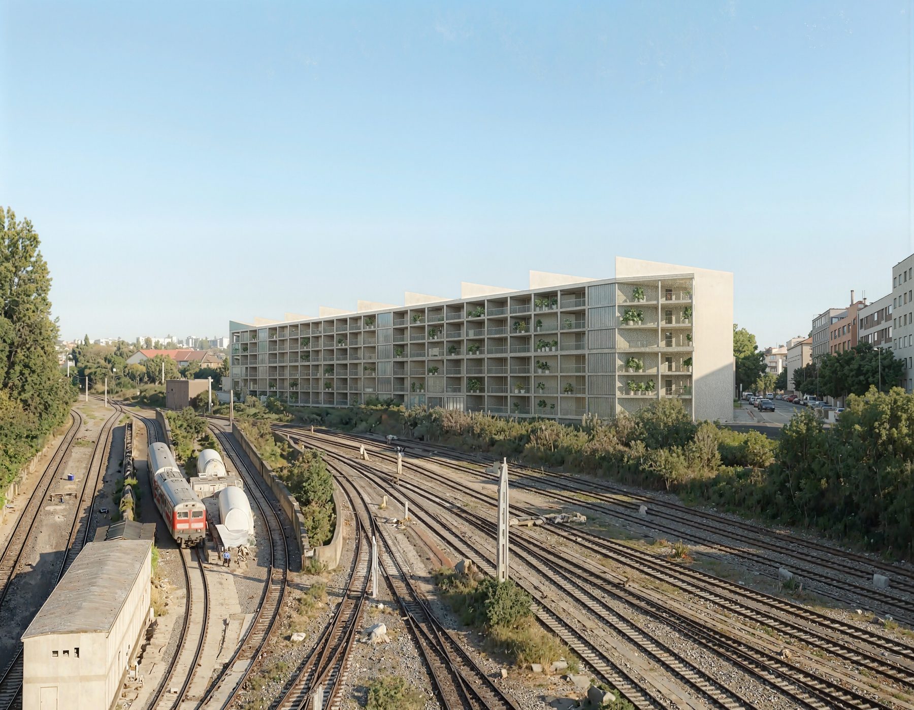 Münsterland Studios Berlin · architectural rendering of the 322-unit PBSA building seen from the railway side